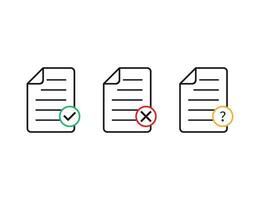 File document with green checkmark and red cross. Office notebook with orange question mark. Document icon on transparent background with correct and wrong sign. Vector EPS 10.