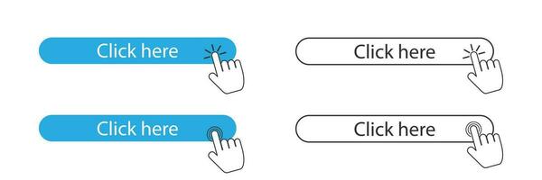 Click here button and cursor pointer. Isolated website registration button on white background. Hand cursor in outline and bold style. Push and click on button. Vector illustration. EPS 10.