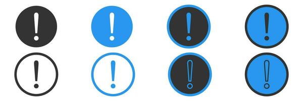 Exclamation mark icons. Isolated attention symbol collection on white background. Warning icon in circle in black and blue. Important message sign. Vector illustration. EPS 10.