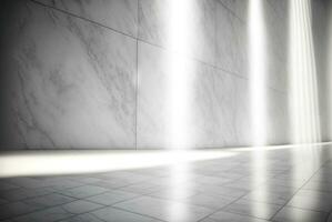 Abstract marble room with shiny lights. Interior view with marble background and scenic lightning. Generated AI. photo