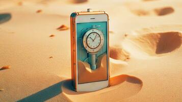 Smartphone in the sand of the beach. Vacation scene with phone on the shore line. Generative AI. photo