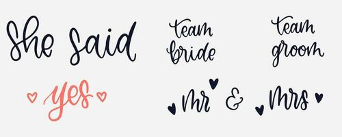 She said yes lettering. Team bride and team groom calligraphy. Wedding lettering text. She said yes with heart shape. Vector EPS 10