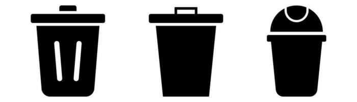 Trash bin set. Recycle bin in black. Trash can icons. Rubbish container. Recycle symbol vector