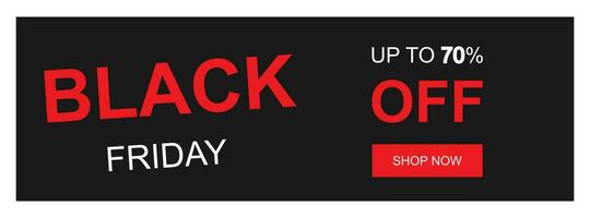 Black friday banner. Best sale up to 70 percent off. Isolated discount poster on white background. Shop now text in red button. Black and red design of black friday holiday. Vector EPS 10.