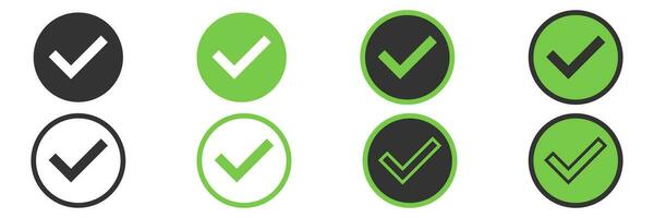 Checkmark tick set on white background. Isolated green tick collection in different style. Done and correct icons in green. Outline and bold checkbox. Vote symbol doodle. Vector EPS 10.