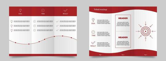 Trifold mockup in red. Magazine mockup brochure. Promotion booklet template. Trifold brochure for business and marketing. Motivation magazine. Vector illustration. EPS 10.