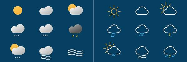 Weather forecast icons. Big set of outline and bold pictograms. Sunny and cloudy sign. Wind and rain icons. Thunder storm and snowflake symbol. Isolated icons on dark background. EPS 10. vector