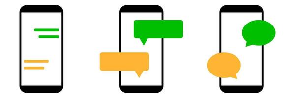 conversacion charla con teléfono inteligente icono. aislado texto mensaje conjunto en blanco antecedentes. SMS firmar en habla burbuja diseño. mensajes de texto mensaje en verde y rojo. notificación símbolo. eps 10 vector