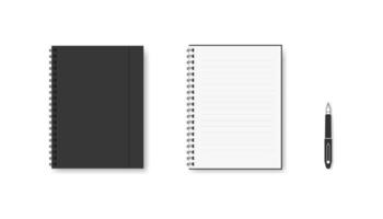 Realistic notebook with metal spiral. Isolated blank diary textbook. Open and closed template of organizer. Ink pen with white document template. Modern concept of notebook. EPS 10. vector
