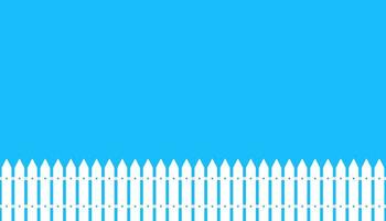 White wooder fence. Illustration of board barrier in flat design on blue background. Picket yard vector. Hedge structure. Simple modern fence border. Vector EPS 10.