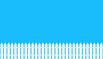 White wooder fence. Illustration of board barrier in flat design on blue background. Picket yard vector. Hedge structure. Simple modern fence border. Vector EPS 10.