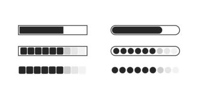 Loading bar indicator in black. Progress bar in square and round shape. Isolated simple loader. Downloading status. Set of progress bar on white background. Digital  bar counter. Vector EPS 10.