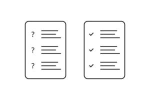 Survey form document. Checklist online form with checkmark and question mark. Test clipboard in outline design. Feedback opinion report. Isolated paper questionnaire. Vector EPS 10.