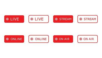 Set of live, online, streaming and on air icons. Broadcast tv show label. Multimedia template. Isolated red movie and radio sign. Stream podcast label. Vector EPS 10.