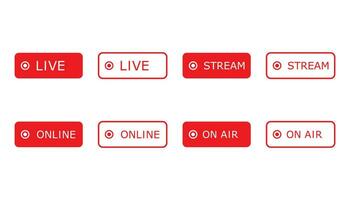 conjunto de vivir, en línea, transmisión y en aire iconos transmitir televisión espectáculo etiqueta. multimedia modelo. aislado rojo película y radio signo. corriente podcast etiqueta. vector eps 10