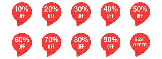 Price discount label in red circle. Isolated sale tags on white background. Special offer sign from 10 to 90 percent. Collection of red stickers coupon. Price off tags. Vector EPS 10.