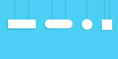 White hanging banner on a rope. Isolated blank poster in square and round frame. Canvas mockup on blue background. Empty banner with shadow. Billboard sheet on a wall. EPS 10. vector