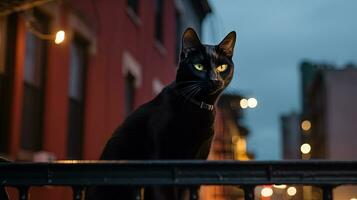 negro gato sentado en un barandilla a noche, en el estilo de vida en nuevo York ciudad. generado ai. foto