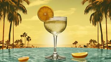 Glass with lemon water in the sand of the beach. Vacation scene with lemonade glass on the shore line. Generative AI photo