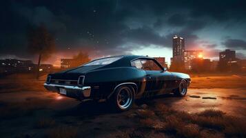 Vintage muscle car parked on the street at night. 80s styled synthwave retro scene with powerful drive in evening. Generated AI. photo