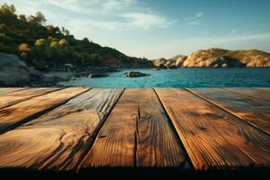 Island horizon Blurred sea and sky behind wooden table, natures harmonious display AI Generated photo