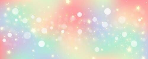 Rainbow unicorn pastel background with glitter stars. Pink fantasy sky. Holographic space with bokeh. Fairy iridescent gradient backdrop. Vector