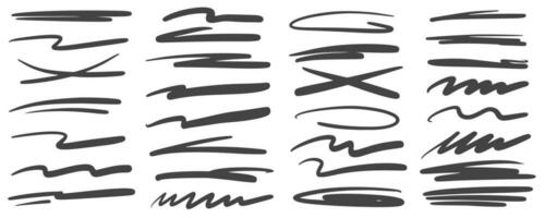 Pen strike line. Strikethrough marker scribble. Pencil and brush stroke. Doodle sketch mark stripes isolated on white background. Handwrited rough stains. Vector set