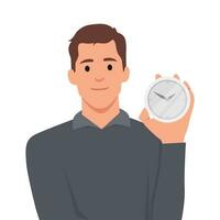 Smiling man points finger at alarm clock to remind of beginning or end of lunch break. Concept time management and control over optimal use of working period. vector