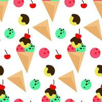 Pattern waffle cones with colored ice cream and various sprinkles, cherries. Multi-colored ice cream on a white background with decorative elements. Cartoon vector illustration on a white background