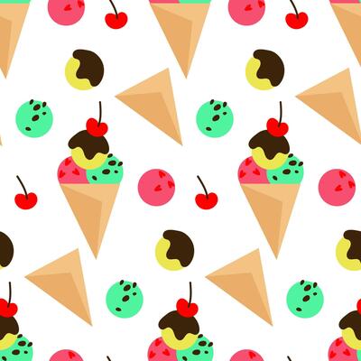 Pattern waffle cones with colored ice cream and various sprinkles, cherries. Multi-colored ice cream on a white background with decorative elements. Cartoon vector illustration on a white background