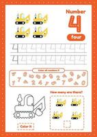 Learning numbers. Number 4. Trace, color, count vector