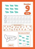 Learning numbers. Number 9. Trace, color, counting planes games vector