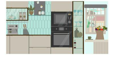 modern kitchen interior, flat style, furniture, dishes, appliances, towel, sink, window, microwave, wine glasses, mug, kettle, vector illustration