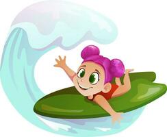 Vector illustration with the image of a girl who is engaged in active recreation, surfing on the waves of the ocean.