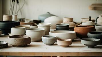 Generative AI, crafted pottery, still life of hand made pottery and ceramic bowls, hobby and leisure concept photo