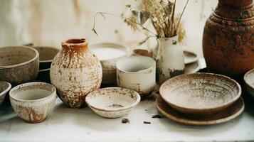 Generative AI, crafted pottery, still life of hand made pottery and ceramic bowls, hobby and leisure concept photo