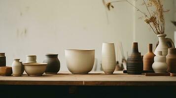 Generative AI, crafted pottery, still life of hand made pottery and ceramic bowls, hobby and leisure concept photo