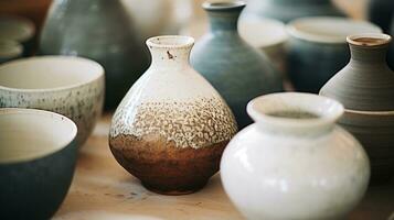 Generative AI, crafted pottery, still life of hand made pottery and ceramic bowls, hobby and leisure concept photo