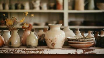 Generative AI, crafted pottery, still life of hand made pottery and ceramic bowls, hobby and leisure concept photo
