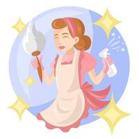 Cleaning lady maid in pink uniform with dust brush and spray with cleaning product, with sparkles around - vector image