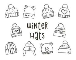 Winter knitting hats coloring set. Hand drawn doodle headwear icon collection. Line vector illustration