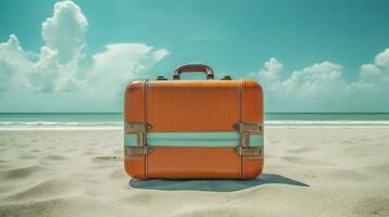 Suitcase in the sand of the beach. Vacation scene with travel case on the shore line. Generative AI. photo