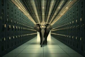 elefante en el servidor habitación. concepto de el grande datos y digital fragilidad. generado ai. foto