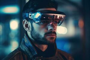 Arkansas lentes tecnología concepto con transparente gafas de protección. aumentado realidad futurista inmersivo experiencia. generado ai foto