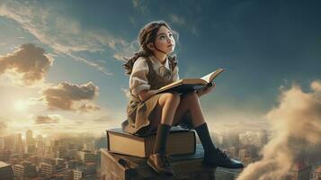 Chica de escuela lee el libro en el cielo, volador en su Sueños y fantasías. aprendizaje concepto con pequeño niña en el mundo de educación. generado ai. foto