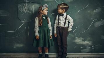 colegio alumno, chico y niña en pie en frente de negro tablero. colegio niños Pareja. generado ai. foto