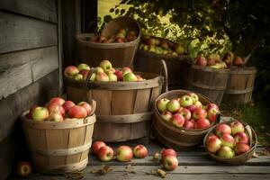 Full wooden tubs of ripe organic apples near wooden house in village. Fresh gathered fruit in apple orchard on countryside. Apple harvest concept. AI Generated photo