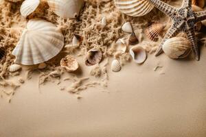 Summer beach background. Seashells, starfish and dry seaweed on beige sand. Top view, copy space for text at the bottom. Vacation memories flat lay. AI Generated photo