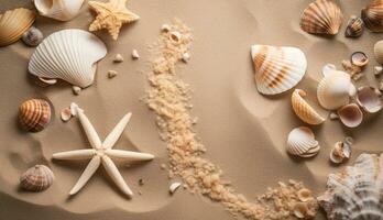 Beach theme background with seashells, starfish and dry seaweed on beige sand. Sea summer holidays concept. Top view, vacation memories flat lay. AI Generated photo