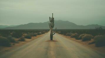 Generative AI, lonely road in the desert, aesthetic, muted neutral colors, cacti plants photo